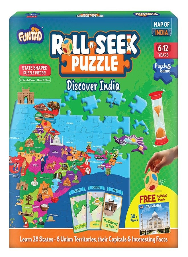Funtad Roll N Seek India Map - Educational Board Game & Puzzle | Learn Indian Sate, Capital and Interesting Facts| State Shaped Puzzle (72 pcs)| Return & Birthday Gift for Boys & Girls Age 6-12 yrs - Image 1